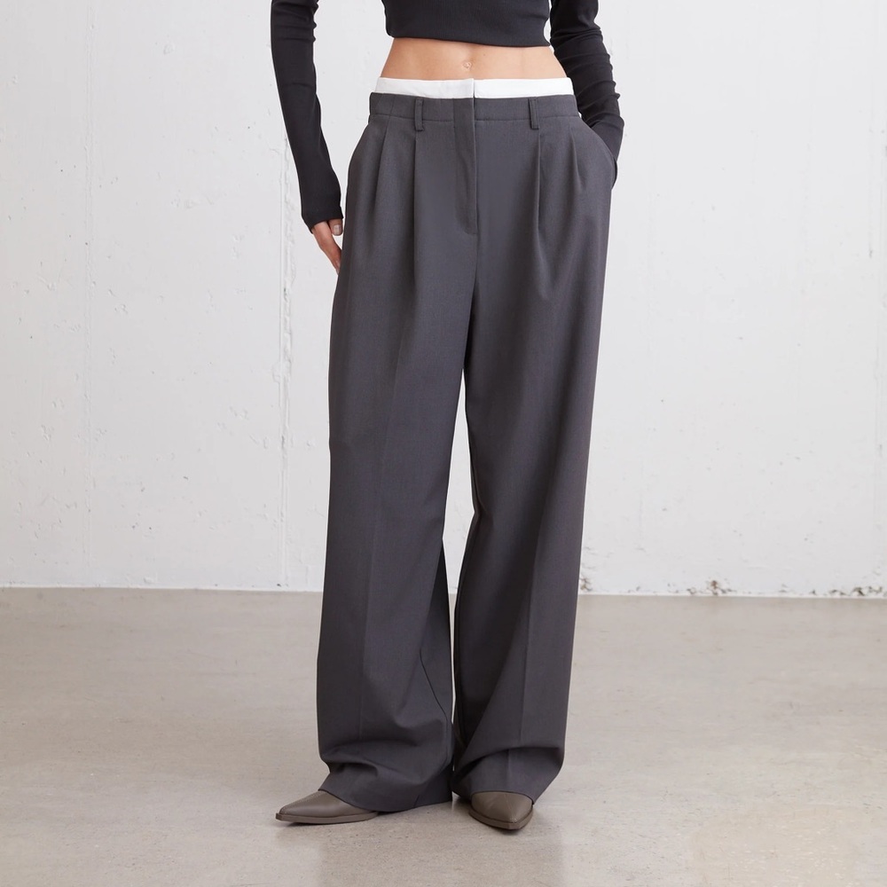Grey Oak+Fort Wide Leg Trousers With White double Waist